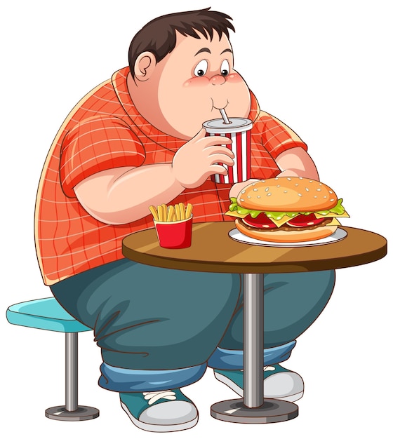 Hombre con sobrepeso comiendo comida rápida en la mesa aislada