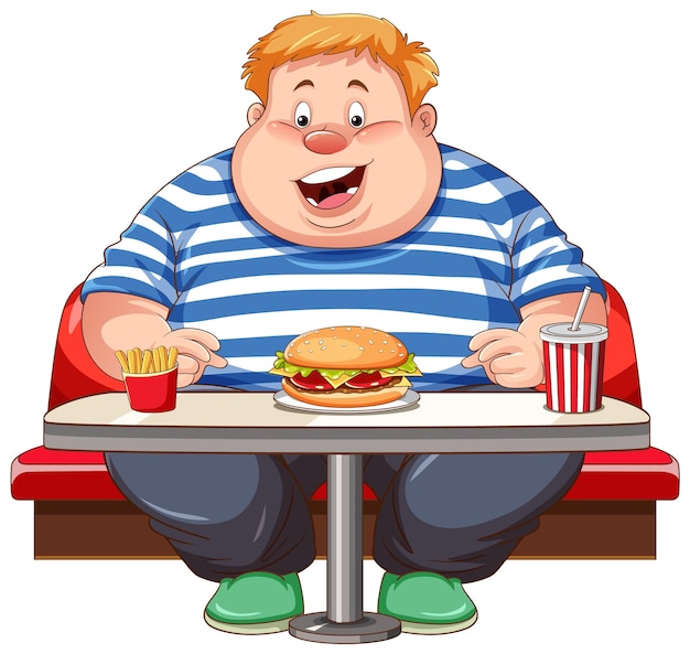 Hombre con sobrepeso comiendo comida rápida en el restaurante aislado