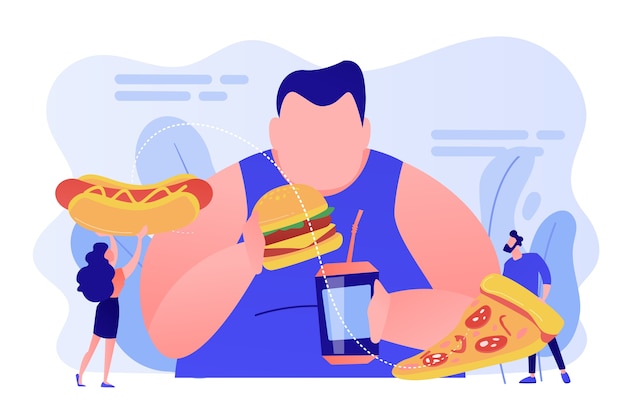 Hombre con sobrepeso comiendo hamburguesas, gente diminuta dando comida rápida. Adicción a comer en exceso, trastorno por atracón, concepto de tratamiento por comer en exceso compulsivo. Ilustración aislada de bluevector coral rosado