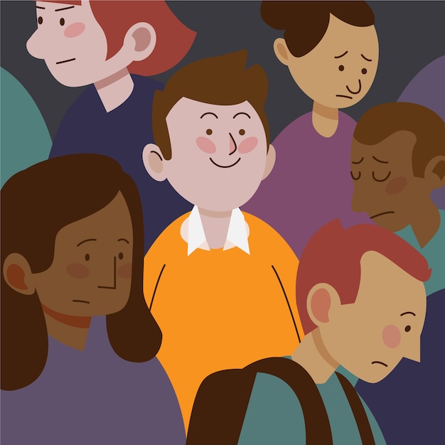 Hombre sonriente en multitud triste