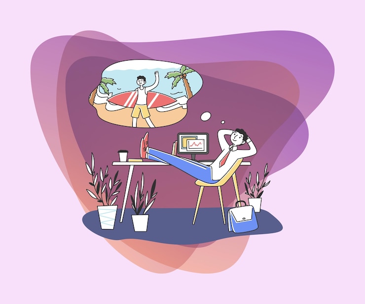 Vector gratuito hombre sonriente en el trabajo soñando con vacaciones