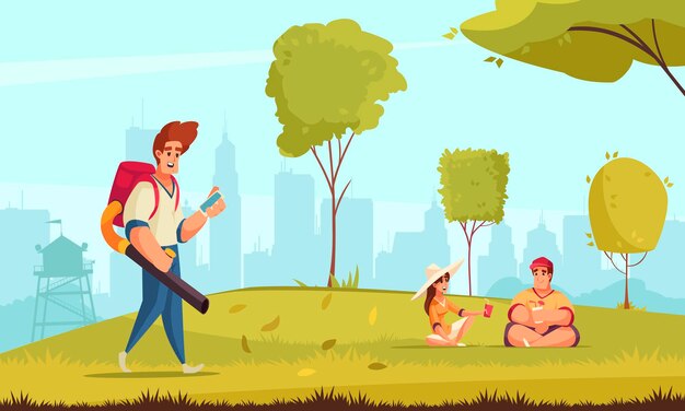 Hombre con soplador de hojas limpiando césped verde y pareja sentada en el césped en el parque en el fondo con la ilustración de dibujos animados de la silueta de la ciudad