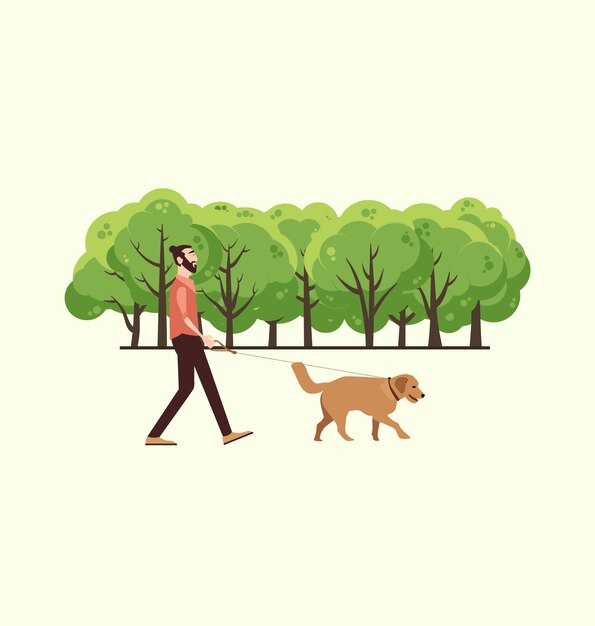 Hombre con su perro dando un paseo