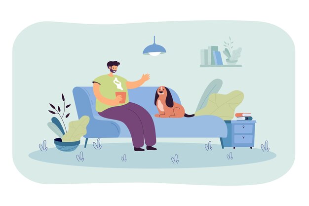 Hombre sujetando una taza de café sentado en el sofá con su perro. Pasar tiempo con animales domésticos en casa ilustración vectorial plana. Cuidado de mascotas, concepto de ocio para banner, diseño de sitios web o página web de destino