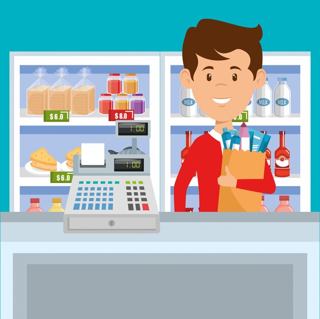 hombre con supermercado en bolsa de compras