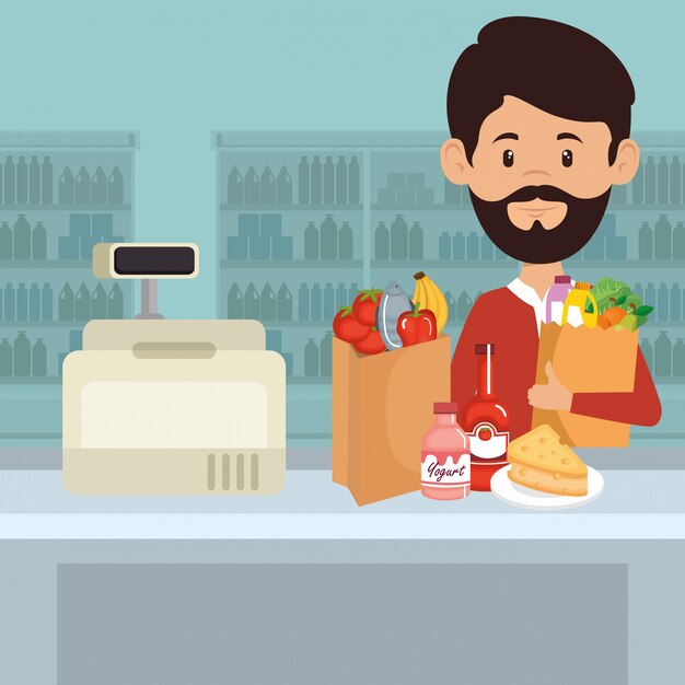 hombre con supermercado en bolsa de compras