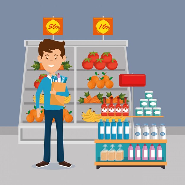 hombre con supermercado en bolsa de compras