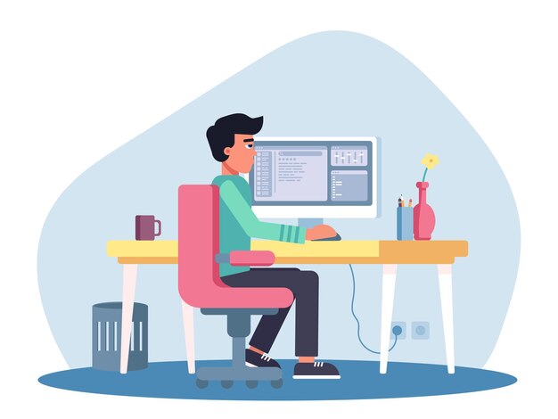 Hombre sysadmine o programador informático que trabaja en la computadora