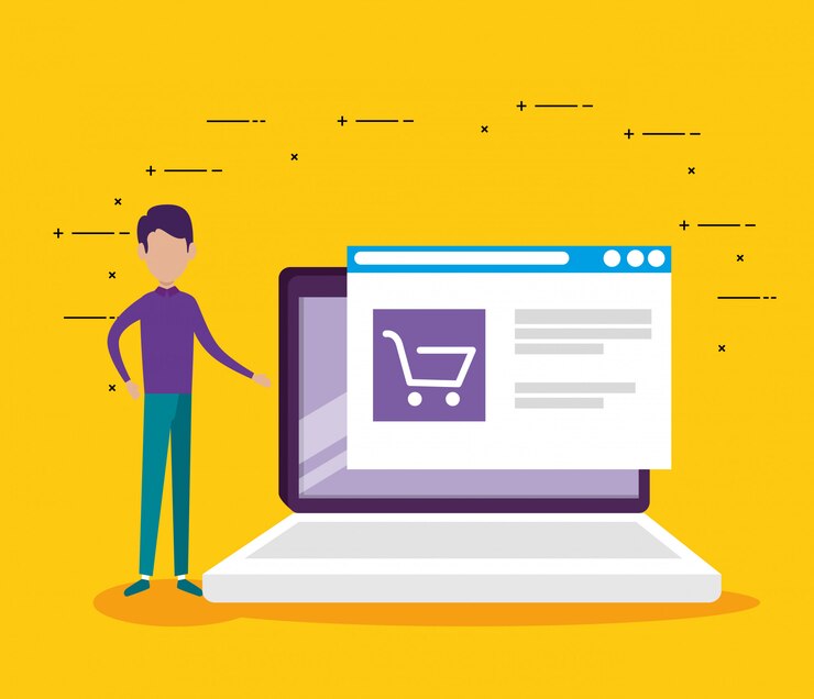 Vector gratuito hombre de tecnología portátil y venta de mercado del sitio web