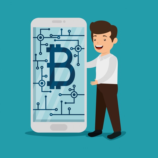 Hombre con teléfono inteligente con moneda electrónica bitcoin
