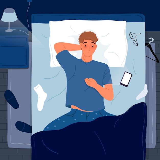 Vector gratuito hombre tendido en la cama concepto de insomnio