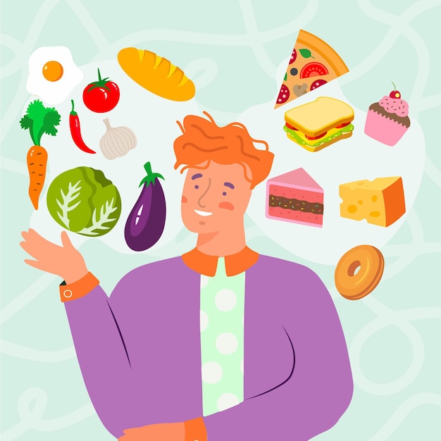 El hombre tiene que elegir entre alimentos saludables y no saludables.
