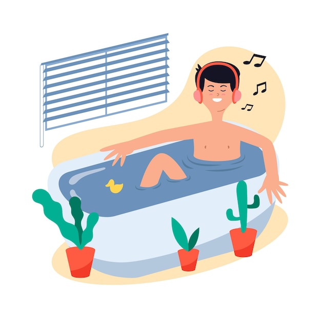 Vector gratuito hombre tomando un baño y escuchando música