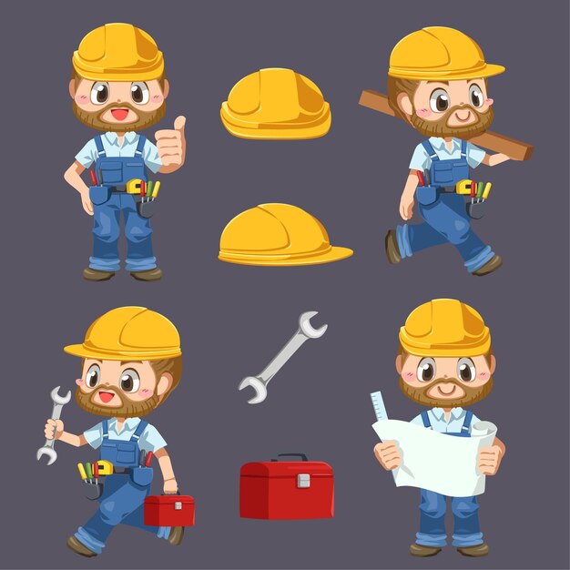Hombre trabajador vestido con uniforme y casco con herramientas en personaje de dibujos animados, ilustración plana aislada