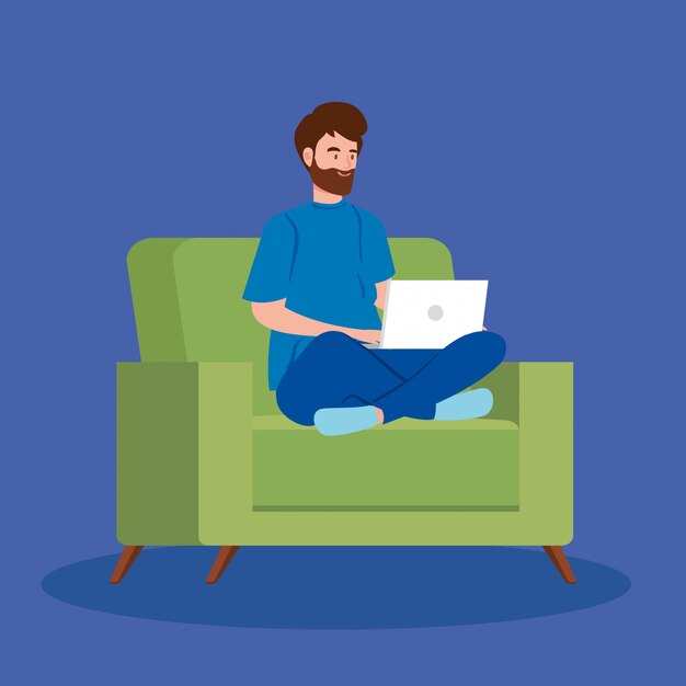 Hombre trabajando en teletrabajo con laptop en sofá