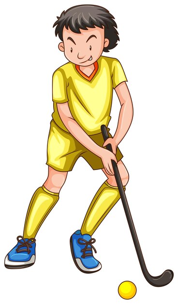 Hombre en traje amarillo jugando al hockey