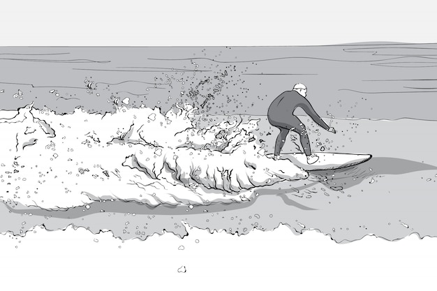 Vector gratuito hombre en traje de buceo surfeando en una tabla de surf. grandes olas. arte lineal