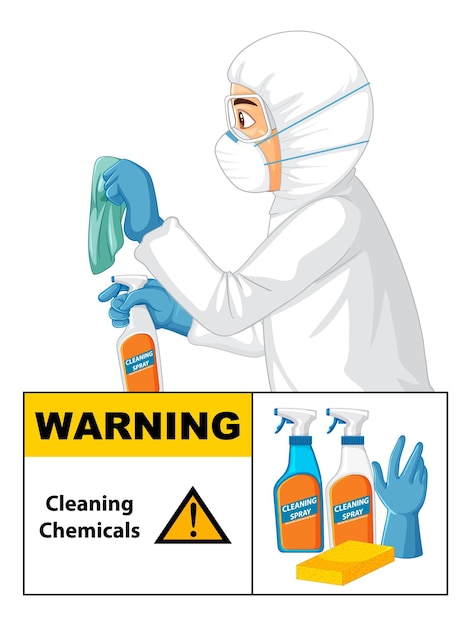 Hombre en traje protector de materiales peligrosos con productos químicos de limpieza de advertencia si