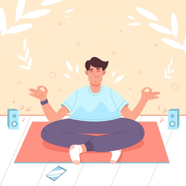 Vector gratuito hombre tranquilo con las piernas cruzadas en posición de loto haciendo yoga meditación atención plena práctica di espiritual ...