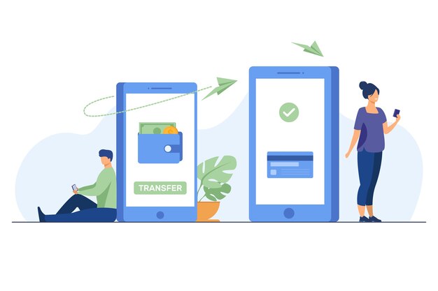 Hombre transfiriendo dinero a la mujer a través de un teléfono inteligente. En línea, transacciones, banca ilustración vectorial plana. Concepto de tecnología digital y finanzas