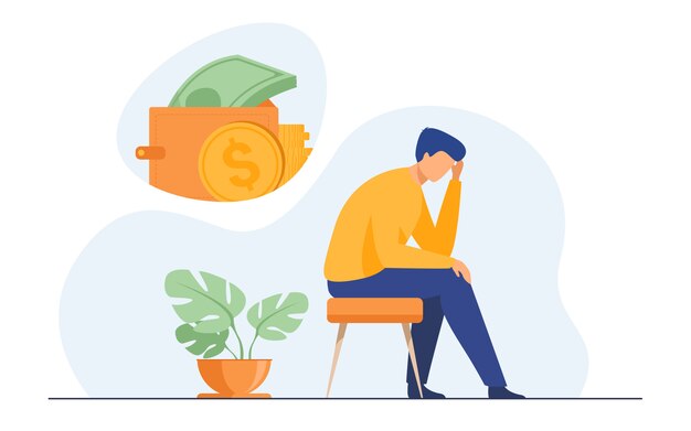 Hombre triste deprimido pensando en problemas financieros