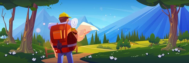 Hombre turista con mapa en ruta de viaje a la montaña ilustración vectorial Viaje de trekking a través del bosque con flores y carácter de excursionista disfrutando de la ubicación Visitas turísticas de verano para jóvenes viajeros
