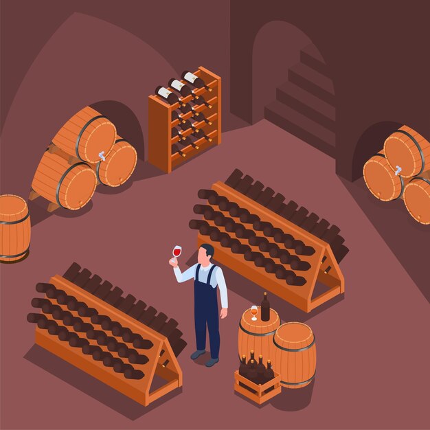 Vector gratuito hombre en uniforme degustando vino tinto en bodega con barriles de madera y estantes composición isométrica 3d ilustración vectorial