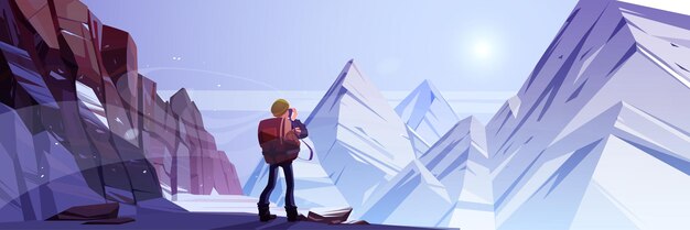 Hombre viajero disparar montañas de invierno en cámara de fotos. Senderismo viaje viaje, aventura. Turista con soporte de mochila en un paisaje rocoso nevado con picos. Ilustración de vector de dibujos animados de recreación extrema