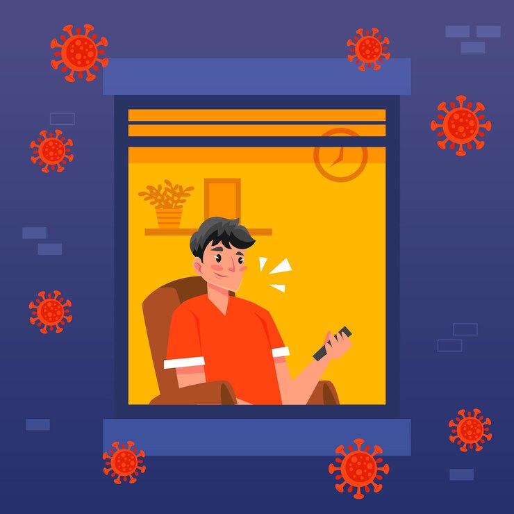 Vector gratuito hombre viendo televisión después del toque de queda por coronavirus