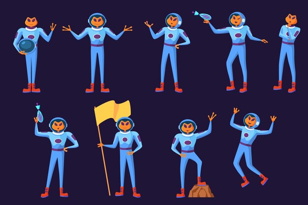 Hombres alienígenas divertidos en trajes espaciales azules.