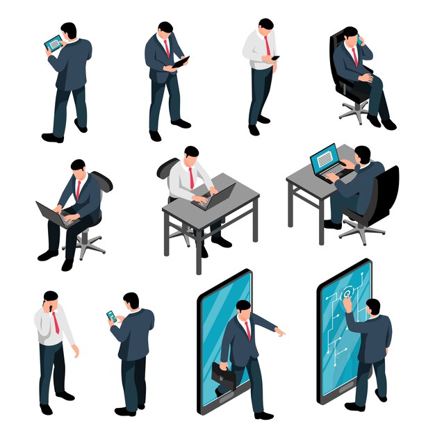 Hombres con dispositivo conjunto isométrico de personajes masculinos con teléfonos inteligentes enviando mensajes de texto hablando y trabajando usando una computadora portátil aislada