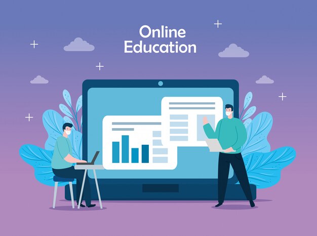 Hombres en educación en línea con diseño de ilustración de iconos