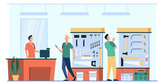 Hombres felices eligiendo y comprando hardware aislado ilustración plana