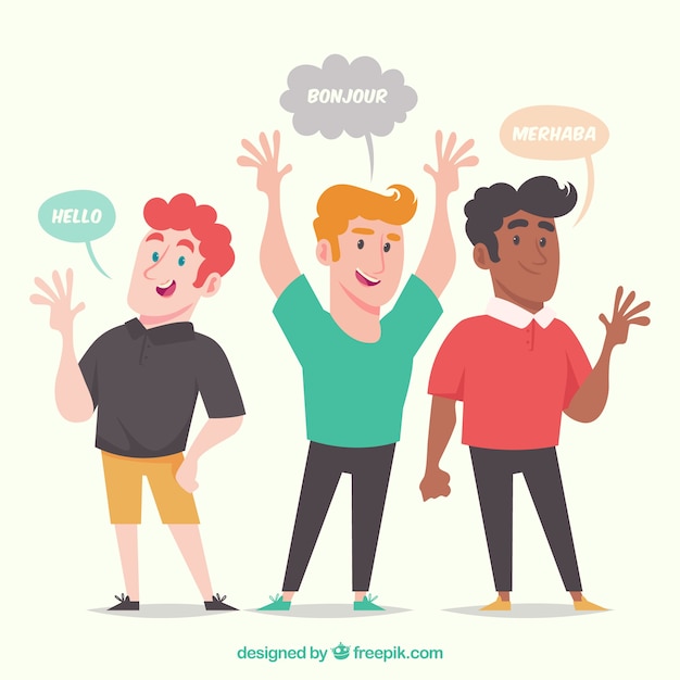 Hombres felices hablando distintos idiomas con diseño plano