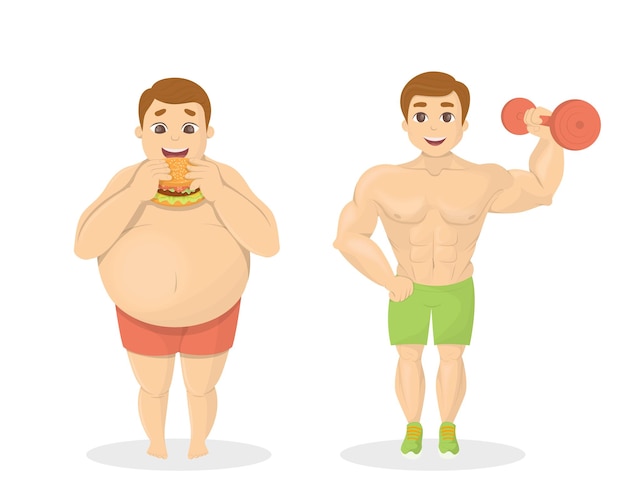 Hombres gordos y en forma hombre obeso con comida chatarra hombre en forma con mancuerna