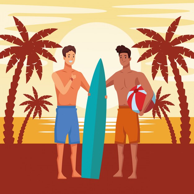 Hombres jóvenes en caricaturas de verano.