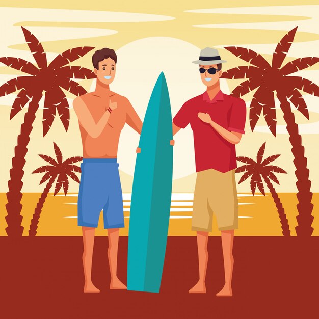 Hombres jóvenes en caricaturas de verano.