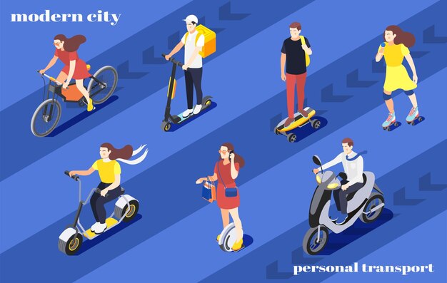 Hombres y mujeres andar en bicicleta monociclo scooter patines patineta alrededor de la ciudad isométrica