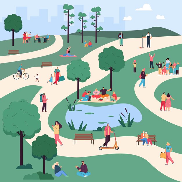 Hombres y mujeres caminando, haciendo picnic y haciendo ejercicios en el parque. Multitud de caricaturistas haciendo diversas actividades, persona en bicicleta, chica haciendo yoga ilustración vectorial plana. Verano, concepto de ocio