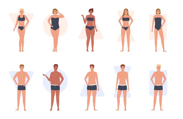Hombres y mujeres diferentes tipos de cuerpo plano conjunto aislado ilustración vectorial