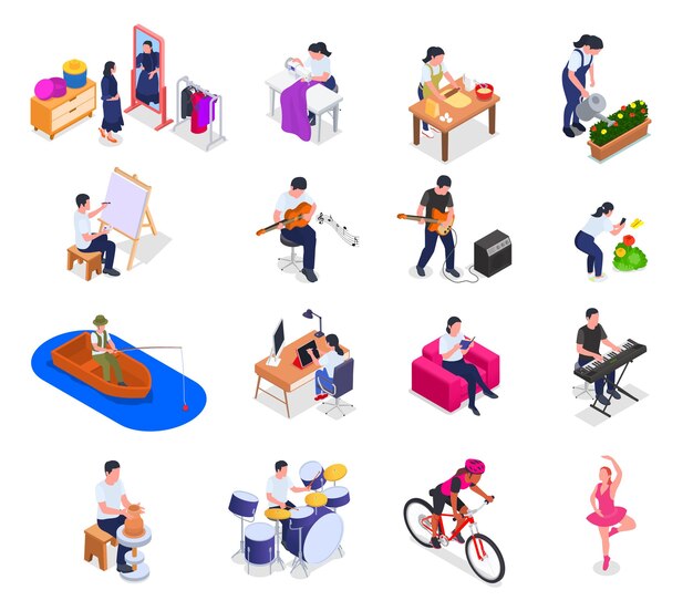 Hombres y mujeres disfrutando de sus pasatiempos isométricos con deportes de cocina tocando instrumentos musicales jardinería cosiendo bailando leyendo ilustraciones aisladas de vectores 3d