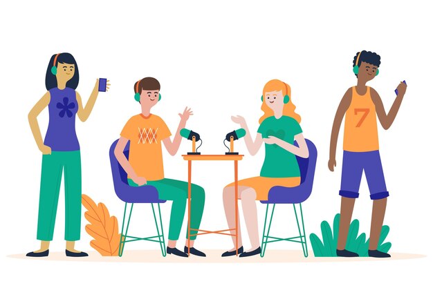 Hombres y mujeres grabando y escuchando podcasts