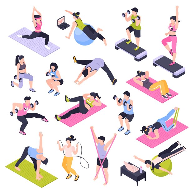 Hombres y mujeres haciendo fitness con equipo deportivo en casa iconos isométricos aislados en fondo blanco ilustración vectorial 3d