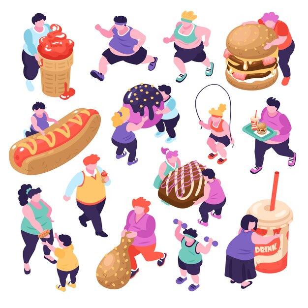 Hombres y mujeres que sufren de glotonería y hacen deporte isométrica iconos conjunto aislado sobre fondo blanco ilustración 3d