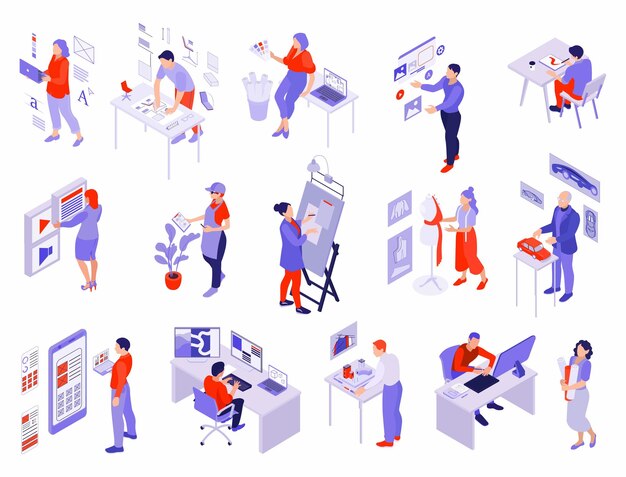 Hombres y mujeres que trabajan como diseñadores web de moda ambiental interior gráfica interior conjunto isométrico ilustración vectorial aislada