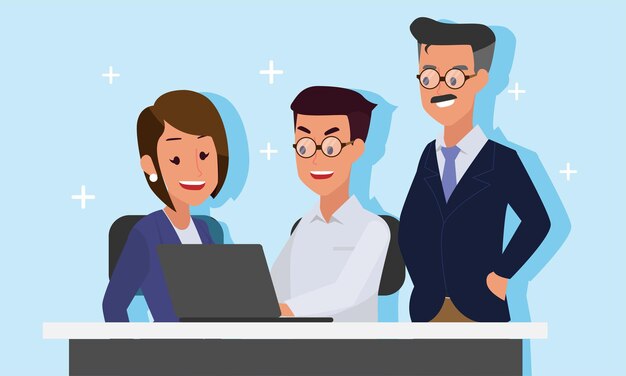 Los hombres de negocios enseñan a las mujeres a las mujeres de negocios con laptop