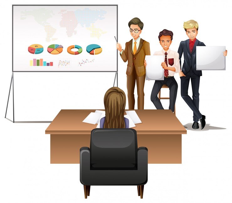 Vector gratuito hombres de negocios que presentan con gráficos