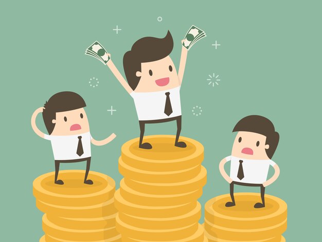 Hombres de negocios sobre montones de monedas