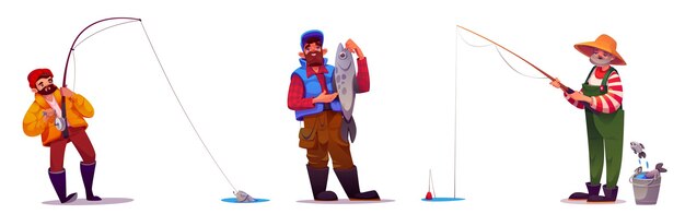 Hombres pescando aislados sobre un fondo blanco