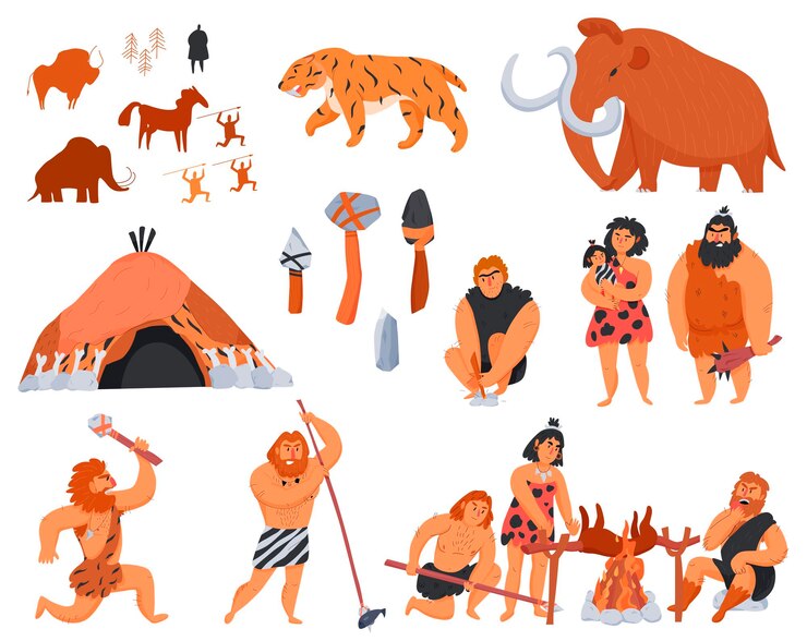 Vector gratuito hombres primitivos sus herramientas y armas y animales salvajes iconos de dibujos animados conjunto aislado en ilustración de vector de fondo blanco
